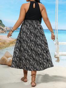SHEIN Clasi Plus Size Summer Vacation Patchwork Print Halter Neck Dress - Black - View 2