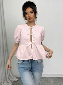 Chiquease Camisa corta de verano para mujer de unicolor con mangas abullonadas y lazo - Rosa Pálido - Ver 6