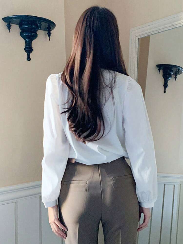 V-Neck Lantern Sleeve Tie-Front Long Sleeve Women Blouse,Ruffle