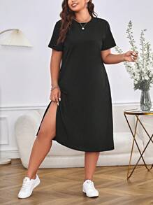 SHEIN Essnce Plus Solid Split Thigh Tee Dress - Black - View 6