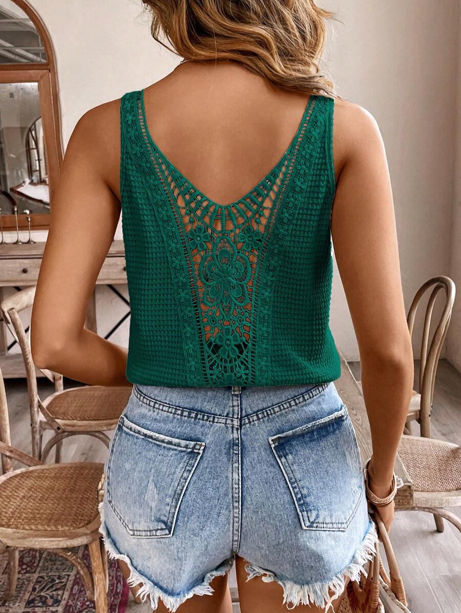 SHEIN Frenchy 女士蕾丝拼接纹理面料上衣 夏季绿色休闲款 - 綠色 - 查看 1