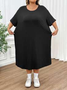 SHEIN CURVE+ Women's Plus Size Black Daily Basic Casual Simple Solid Color Side Slit Detail Round Neck Loose Short Sleeved Mid Length T-Shirt Dress - Black - View 7