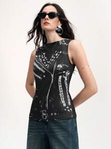 Chiquease 女士黑白 3D 印花无袖休闲上衣，适合通勤，春夏季 - 黑色 - 查看 6