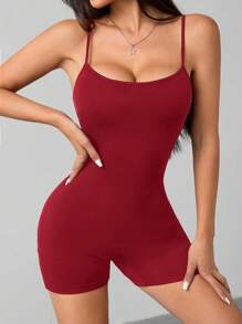SHEIN PETITE Casual Simple Solid Color Suspender Jumpsuit Suitable For Summer Tight Women's Bodysuit - Burgundy - View 7