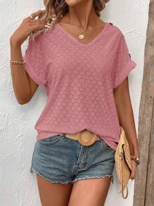 EMERY ROSE Camiseta informal de manga corta con cuello en V liso y decoración de botones, para verano - Rosa Oxidada - Ver 4