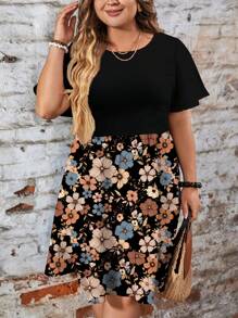 EMERY ROSE Váy suông cổ tròn tay ngắn họa tiết hoa chắp vá đơn giản rộng rãi cỡ lớn, phù hợp cho mùa thu/đông, váy đi biển, trang phục ngày lễ Boho - Nhiều màu - Xem 6