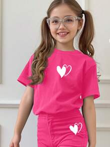 SHEIN Bộ 2 món/Bộ áo cổ tròn tối giản giản dị cho bé gái và quần dài trang phục mùa hè - Màu Hồng Tươi - Xem 3