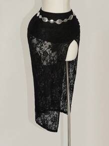 SHEIN ICON Plus Size Lace Ruched High Slit Skirt, Suitable For Music Festival And Party - Black - View 1