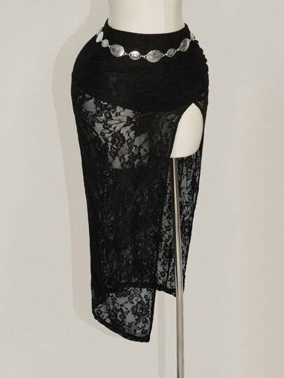 SHEIN ICON Plus Size Lace Ruched High Slit Skirt, Suitable For Music Festival And Party