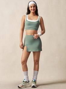 VARSIVA Women's Green Scoop Neck Sleeveless Crop Sports Tank Top: Double-Layered Knitted Design With Criss-Cross Detailing For Enhanced Comfort And Style - Green - View 4