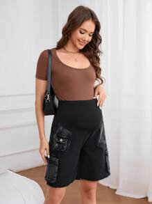 SHEIN Adjustable Waist Cargo Pockets Maternity Casual Denim Shorts