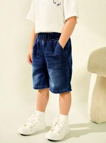 SHEIN 男童弹力腰带牛仔短裤，休闲洗水裤 - 深色水洗藍 - 查看 4