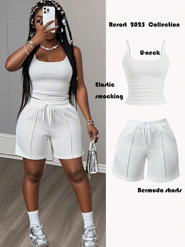 Slaydiva Nouă primăvară și vară, ocazional, sport de bază, top cu decolteu în formă de U + pantaloni scurți cu benzi de dinți Pantaloni de sport decorativi albi pentru femei Set-A