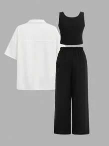 Conjunto de 3 piezas para niñas preadolescentes: Camisa de manga corta holgada, top sin mangas y pantalones acampanados, atuendo casual