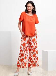 Miaspire Solid Blouse & Slant Pocket Plants Print Trousers - Multicolor - View 7