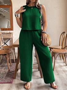Weeklong Pure 2pcs Plus Size Solid Color Sleeveless Top And Pants Set, Simple And Fashionable For Summer - Dark Green - View 4