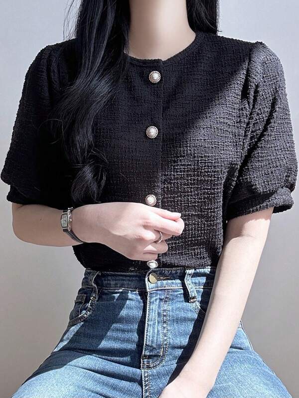 DAZY 女士优雅圆领泡泡袖短款衬衫
