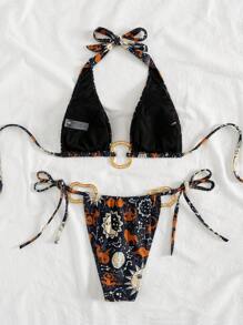 SHEIN Swim 2pcs/Set Summer Vacation Sexy Retro Print Halter Backless Triangle Top And Tie Side Bikini Bottom Swimsuit Set - Multicolor - View 2