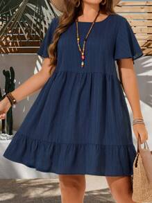 EMERY ROSE Plus Size Vacation Casual Solid Color Short Sleeve Dress, Summer Outfits For Women, Easter Dress Women, Bohemia, Rave Outfits, Easter Outfit Curve, Country Concert Outfit,Spring - Navy Blue - View 4