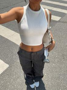 Women's Plain Casual Ribbed Backless Tank Top - White - View 1