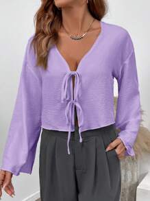 INAWLY Camisa de mujer con cuello en V púrpura, de manga larga y con lazo delantero, primavera - Púrpura malva - Ver 4