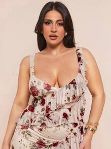 SHEIN BAE 大码女式优雅花卉和网眼荷叶边下摆侧开衩长裙，适合婚礼派对、伴娘、鸡尾酒会/曲线裙/夏威夷女装/长款花卉裙/花卉长裙/春季长裙/及膝裙/曲线沙滩裙/花卉长裙/母亲节/妈妈/母亲/妈妈/母亲节/妈妈/妈妈/母亲节礼物 - 杏色 - 查看 3