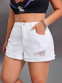 SHEIN ICON White Skinny Ripped Shorts, Minimalist & Fashion, Suitable For Summer - White - View 1