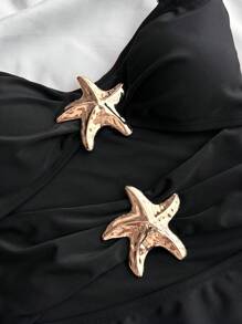 SHEIN 青少年女孩黑色 1 件装可拆卸肩带镂空海星点缀褶皱连体泳衣夏季、海滩 - 黑色 - 查看 4