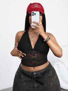 Dripcurv Áo ba lỗ đen cỡ lớn có ren, cổ chữ V gợi cảm - màu đen - Xem 1