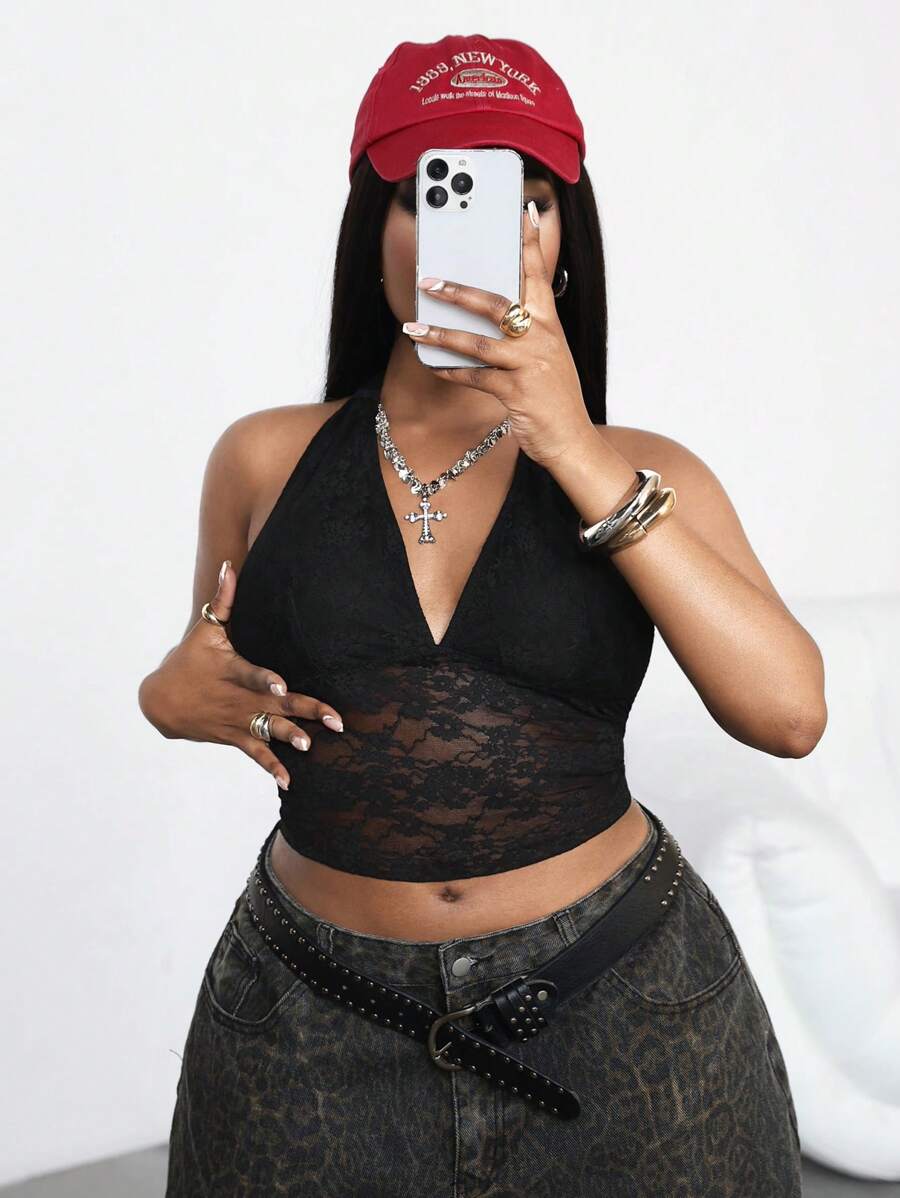 Dripcurv Áo ba lỗ đen cỡ lớn có ren, cổ chữ V gợi cảm - màu đen - Xem 1