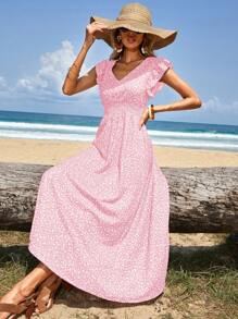 SHEIN Cottnline Women's Shirred Ruffle Sleeve Drawstring Waist Ditsy Floral Vacation Dress - Baby Pink - View 3