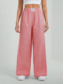 SHEIN Tall Women's Red Vertical Striped Casual Long Pants With Pockets: Semi-Sheer Woven Fabric For A Stylish, Breezy Look - Red - View 1