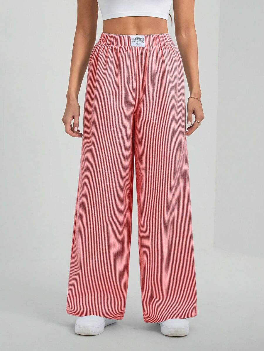 SHEIN Tall Women's Red Vertical Striped Casual Long Pants With Pockets: Semi-Sheer Woven Fabric For A Stylish, Breezy Look - Red - View 1