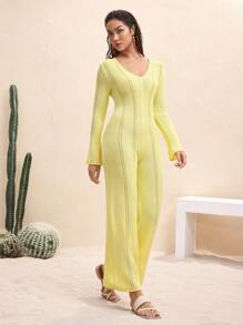 BY FELIZIA Light Yellow Solid Color Knitted V-Neck Flared Long-Sleeved Jumpsuit, Butter Yellow Holiday Elegant Casual Jumpsuits For Women