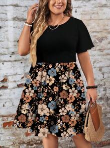 EMERY ROSE Váy suông cổ tròn tay ngắn họa tiết hoa chắp vá đơn giản rộng rãi cỡ lớn, phù hợp cho mùa thu/đông, váy đi biển, trang phục ngày lễ Boho - Nhiều màu - Xem 7