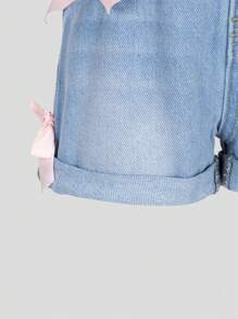 Baby Girls Cute Light Blue Washed Denim Color Bow Ruffled Hem Elastic Waist Casual Versatile Denim Shorts - Light Wash - View 5