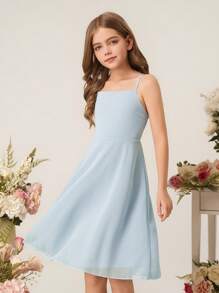 Elegant Simple & Fashion Sleeveless High Waist Mid-Length Blue Tone Casual Dress For Tween Girl, Summer Wedding Junior Bridesmaid Dress