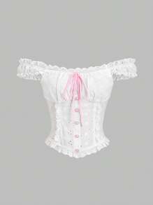 Sweetra Women's New Fashion Sexy Lace Trim Sweet Flattering Dual-Wear Blouse Top - White - View 1