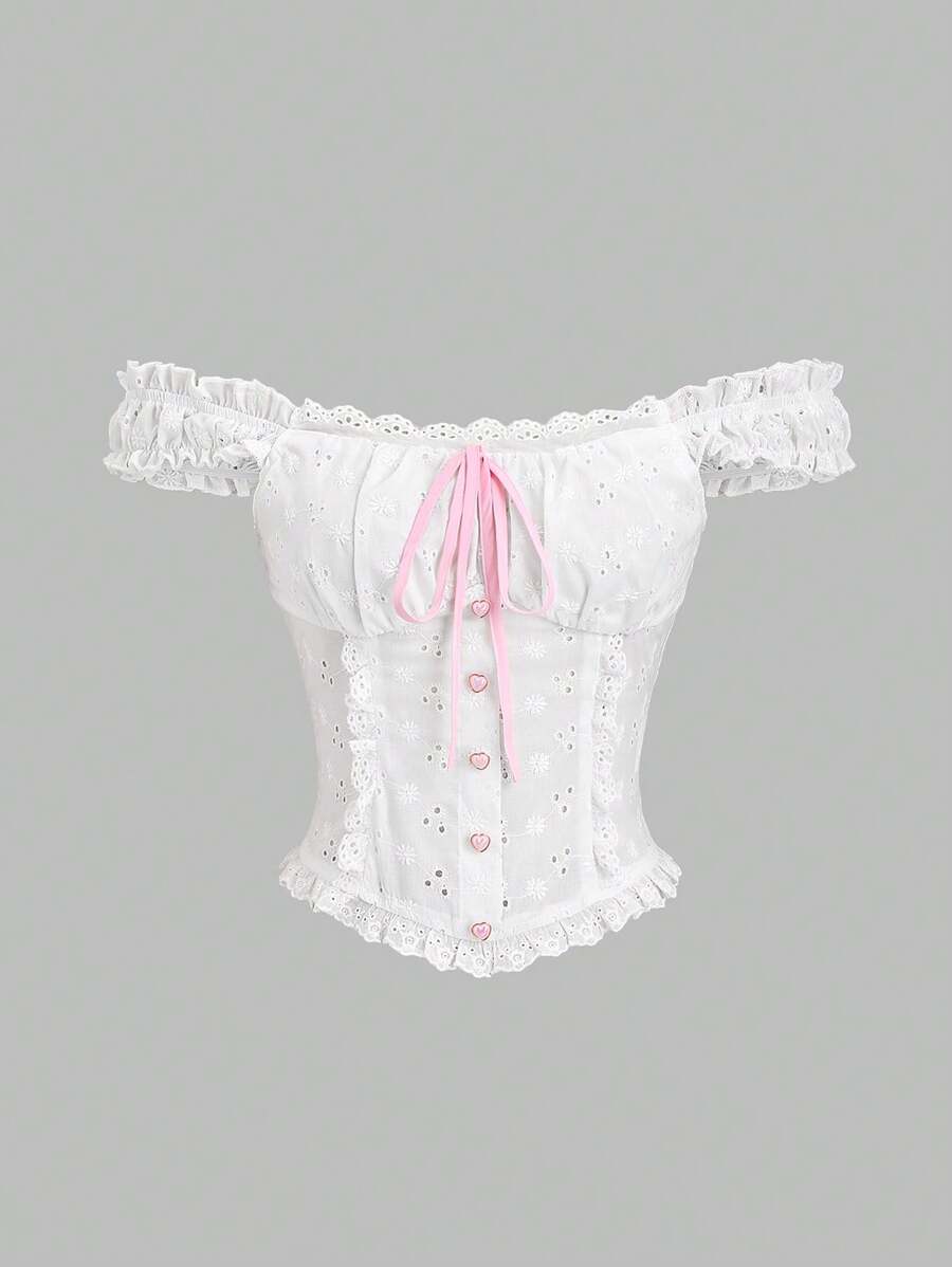 Sweetra Women's New Fashion Sexy Lace Trim Sweet Flattering Dual-Wear Blouse Top - White - View 1