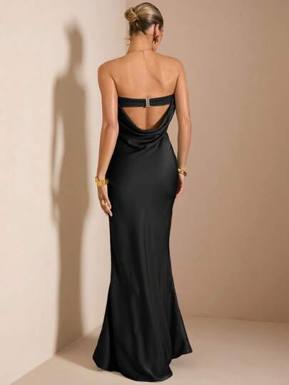 SHEIN BAE 优雅纯粉色露肩露背深 V 领美人鱼缎面连衣裙，适合鸡尾酒会、浪漫约会、聚会、婚礼伴娘、情人节、春夏季