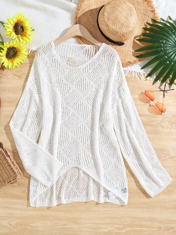 Cubrepantalones blanco de punto sólido y elegante con cuello redondo hueco y manga larga oversize para niñas