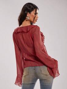 SHEIN BAE Blusa elegante de manga larga con cuello de volante y corbata de unicolor para mujer - Rojo - Ver 2