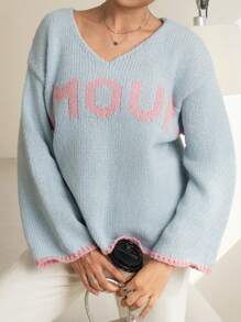 INAWLY Damen Loose Buchstaben Muster Dropped Shoulder Langarm Lässig Pullover, Herbst & Winter, Strick Pullover - Verschiedenfarbig - Übersicht 6