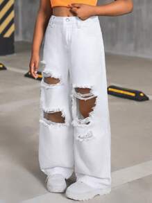 SHEIN SLAYR KIDS 少女 Y2K 白色春夏街头风破洞阔腿牛仔裤，春夏休闲度假乡村波西米亚风，适合少女海滩穿着，西部街头风，春假狂欢节牛仔裤 - 白色 - 查看 5