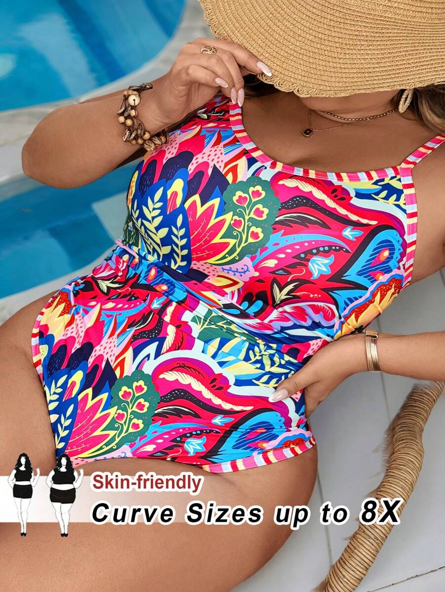SHEIN CURVE+ CURVE Plus Size All Over Printed Beach Resort Bodysuit Boho Vacation - Multicolor - View 1