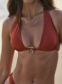 Aralina Vacation Boho Halter Ring Detail Thong Two Pieces Bikini Set With Swim Bag For Summer - Red - View 4