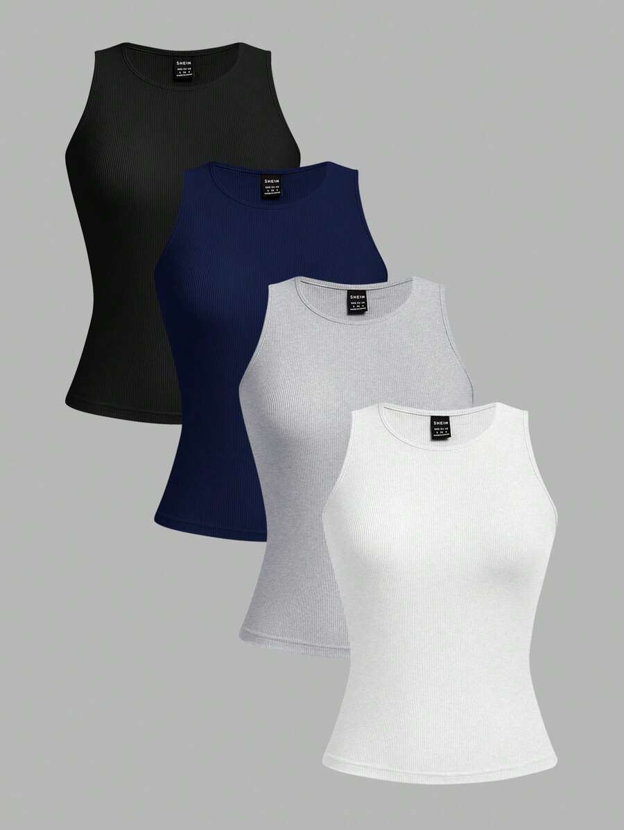 SHEIN EZwear 4 件套女士性感短款紧身背心，黑色、藏青色、碎花灰和白色，适合夏季 - 彩色 - 查看 1