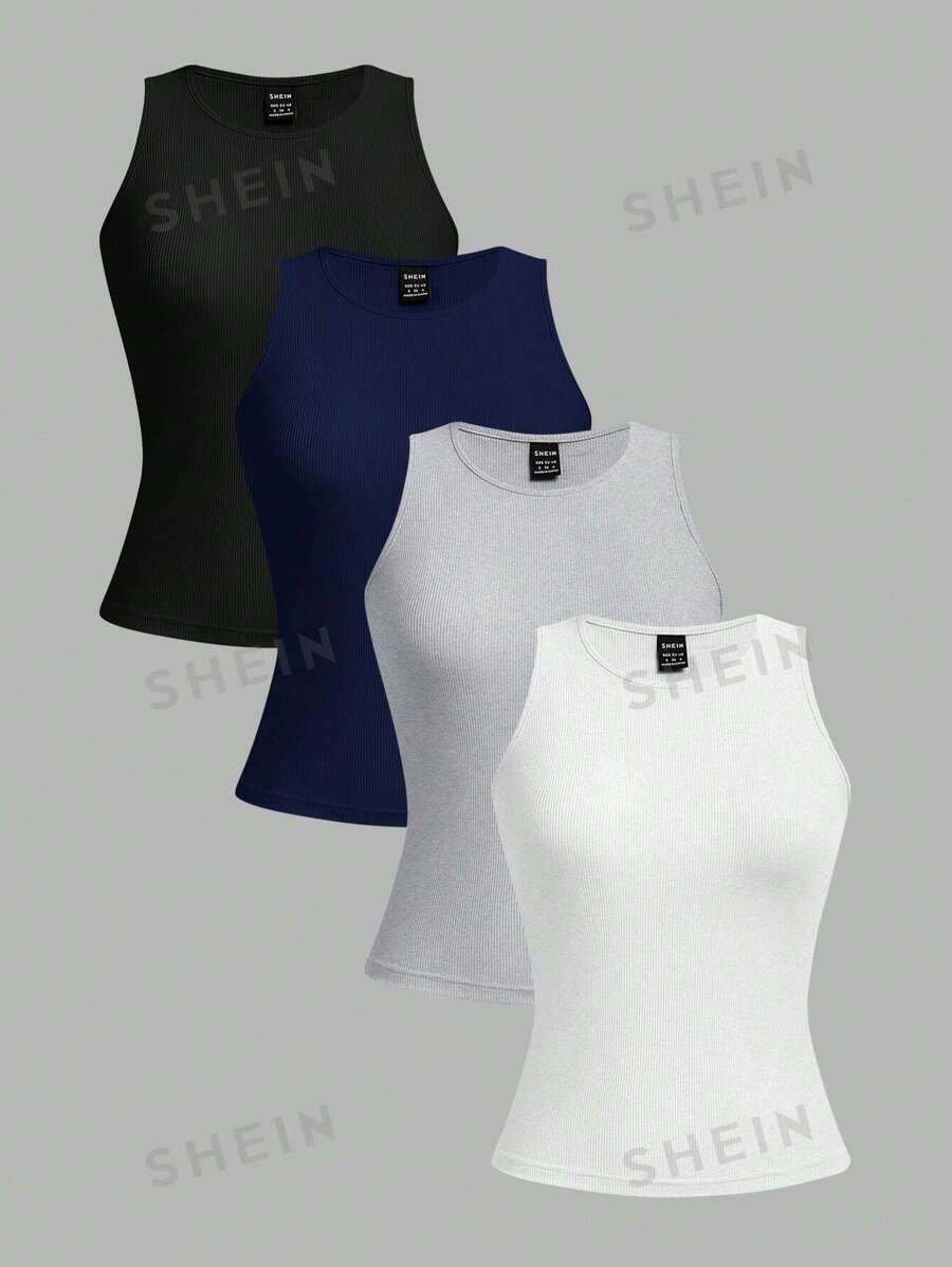 SHEIN EZwear Set de 4 tops cortos y ajustados estilo sexy para mujer en negro, azul marino, gris floral y blanco, aptos para el verano - Multicolor - Ver 1