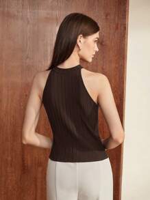 BizChic 女士秋季针织上衣，圆领，荷叶边领口设计，竖条纹罗纹图案，浪漫优雅，百搭，适合商务休闲、办公穿着、宾客着装等场合。 - 棕色 - 查看 2