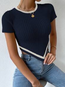 Breezaya Áo len dệt kim cổ tròn tay ngắn màu tương phản cho nữ, viền bất đối xứng, thường ngày - Màu xanh hải quân - Xem 3